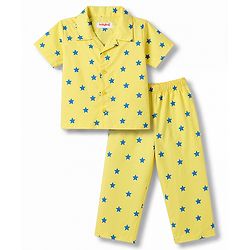 Babyhug Cotton Woven Front Open Half Sleeves Star Printed Shirt & Pyjama Night Suit - Yellow