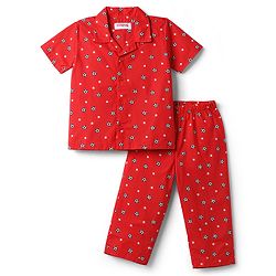 Babyhug Cotton Woven Front Open Half Sleeves Star Printed Shirt & Pyjama Night Suit - Red