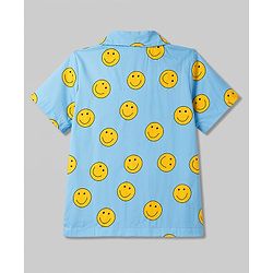 Babyhug Cotton Woven Front Open Half Sleeves Smiley Printed Shirt & Pyjama Night Suit - Blue