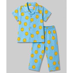 Babyhug Cotton Woven Front Open Half Sleeves Smiley Printed Shirt & Pyjama Night Suit - Blue