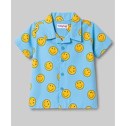 Babyhug Cotton Woven Front Open Half Sleeves Smiley Printed Shirt & Pyjama Night Suit - Blue