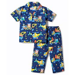 Babyhug Cotton Woven Half Sleeves Shirt & Pyjama Co-ord Night Suit with Vehicle Print - Navy Blue