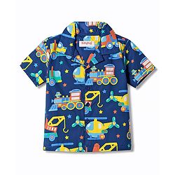 Babyhug Cotton Woven Half Sleeves Shirt & Pyjama Co-ord Night Suit with Vehicle Print - Navy Blue
