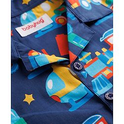 Babyhug Cotton Woven Half Sleeves Shirt & Pyjama Co-ord Night Suit with Vehicle Print - Navy Blue