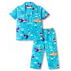 Babyhug Cotton Woven Half Sleeves Shirt & Pyjama Co-ord Night Suit with Animal Print - Blue