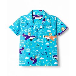 Babyhug Cotton Woven Half Sleeves Shirt & Pyjama Co-ord Night Suit with Animal Print - Blue