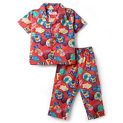 Babyhug Cotton Woven Front Open Half Sleeves Cub Printed Shirt & Pyjama Night Suit - Red