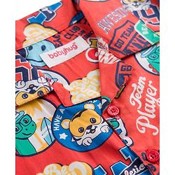 Babyhug Cotton Woven Front Open Half Sleeves Cub Printed Shirt & Pyjama Night Suit - Red