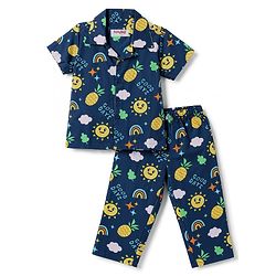 Babyhug Cotton Woven Half Sleeves Woven Half Sleeves Shirt & Pyjama Co-Ord Night Suit With Tropical Theme - Navy Blue