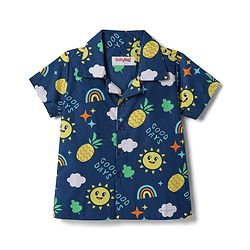 Babyhug Cotton Woven Half Sleeves Woven Half Sleeves Shirt & Pyjama Co-Ord Night Suit With Tropical Theme - Navy Blue