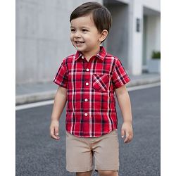 Babyhug Cotton Woven Half Sleeves Checked Shirt & Shorts Set - Red & Beige