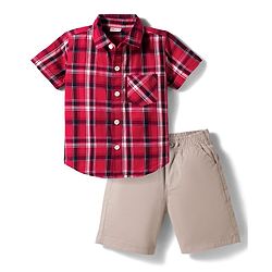 Babyhug Cotton Woven Half Sleeves Checked Shirt & Shorts Set - Red & Beige