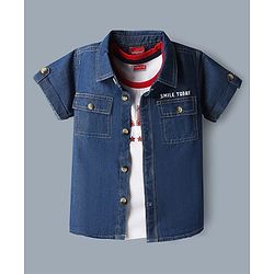 Babyhug Single Jersey Knit Denim Half Sleeves Shirt & Shorts Set With Text Print Inner Tee - Blue