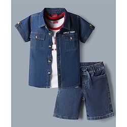 Babyhug Single Jersey Knit Denim Half Sleeves Shirt & Shorts Set With Text Print Inner Tee - Blue