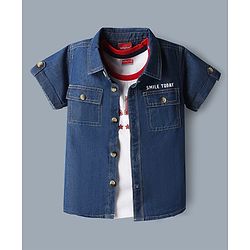 Babyhug Single Jersey Knit Denim Half Sleeves Shirt & Shorts Set With Text Print Inner Tee - Blue