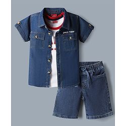 Babyhug Single Jersey Knit Denim Half Sleeves Shirt & Shorts Set With Text Print Inner Tee - Blue