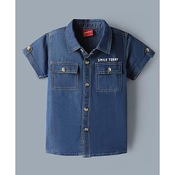 Babyhug Single Jersey Knit Denim Half Sleeves Shirt & Shorts Set With Text Print Inner Tee - Blue