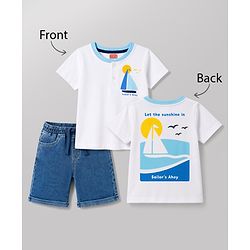 Babyhug Single Jersey Knit Half Sleeves T-Shirt & Denim Shorts Set With Front & Back Nautical Theme - White & Blue