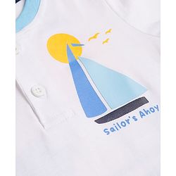 Babyhug Single Jersey Knit Half Sleeves T-Shirt & Denim Shorts Set With Front & Back Nautical Theme - White & Blue