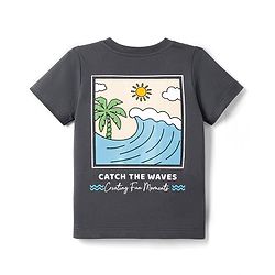 Babyhug Single Jersey Knit Half Sleeves T-Shirt & Denim Shorts With Front & Back Beach Theme - Charcoal Grey & Blue