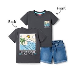 Babyhug Single Jersey Knit Half Sleeves T-Shirt & Denim Shorts With Front & Back Beach Theme - Charcoal Grey & Blue