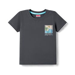 Babyhug Single Jersey Knit Half Sleeves T-Shirt & Denim Shorts With Front & Back Beach Theme - Charcoal Grey & Blue