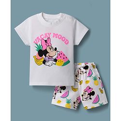 Babyhug Disney Single Jersey Knit Half Sleeves T-shirt & Shorts Night Suit With Minnie Mouse Graphic - White