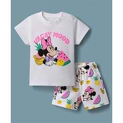 Babyhug Disney Single Jersey Knit Half Sleeves T-shirt & Shorts Night Suit With Minnie Mouse Graphic - White