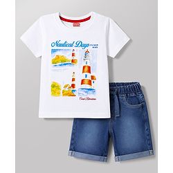 Babyhug Single Jersey Knit Half Sleeves T-Shirt & Denim Shorts Set With Nautical Theme - White & Blue