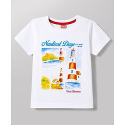 Babyhug Single Jersey Knit Half Sleeves T-Shirt & Denim Shorts Set With Nautical Theme - White & Blue