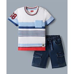 Babyhug Single Jersey Knit Denim Half Sleeves Striped T-Shirt & Shorts Set - Whit & Charcoal Grey
