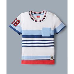 Babyhug Single Jersey Knit Denim Half Sleeves Striped T-Shirt & Shorts Set - Whit & Charcoal Grey