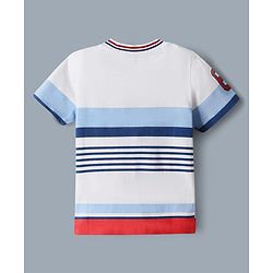 Babyhug Single Jersey Knit Denim Half Sleeves Striped T-Shirt & Shorts Set - Whit & Charcoal Grey