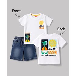 Babyhug Single Jersey Knit Half Sleeves T-Shirt & Denim Shorts Set with Sea Wave Print - White