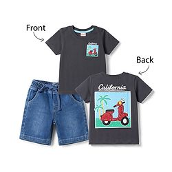 Babyhug Single Jersey Knit Half Sleeves Front & Back Scooter Printed T-Shirt & Denim Shorts Set - Black & Blue