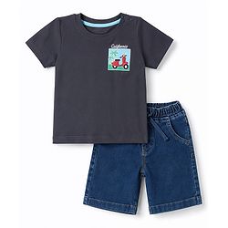 Babyhug Single Jersey Knit Half Sleeves Front & Back Scooter Printed T-Shirt & Denim Shorts Set - Black & Blue