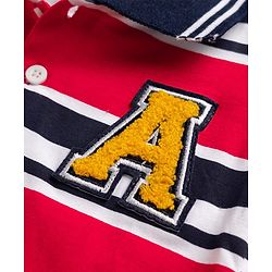 Babyhug Single Jersey Knit Half Sleeves Striped Polo T-Shirt & Shorts Set With Patch - Red & Blue