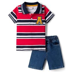 Babyhug Single Jersey Knit Half Sleeves Striped Polo T-Shirt & Shorts Set With Patch - Red & Blue