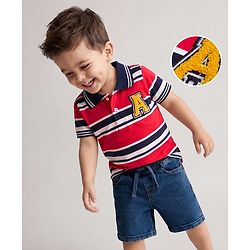 Babyhug Single Jersey Knit Half Sleeves Striped Polo T-Shirt & Shorts Set With Patch - Red & Blue