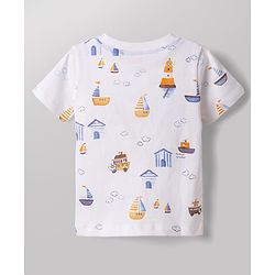 Babyhug Single Jersey Knit Half Sleeves Nautical Theme Printed T-Shirt & Denim Shorts Set - White & Blue