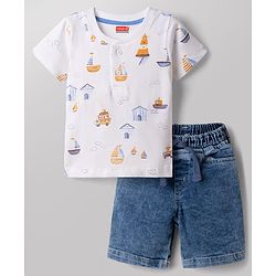 Babyhug Single Jersey Knit Half Sleeves Nautical Theme Printed T-Shirt & Denim Shorts Set - White & Blue