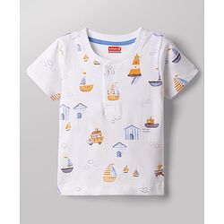 Babyhug Single Jersey Knit Half Sleeves Nautical Theme Printed T-Shirt & Denim Shorts Set - White & Blue