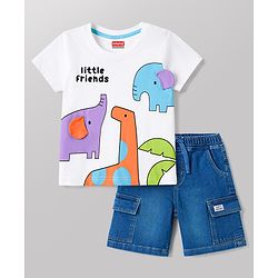 Babyhug Single Jersey Knit Half Sleeves T-Shirt & Denim Shorts Set With Animal Print - White & Blue
