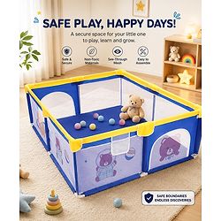 Babyhug Playpen & Play Yard- Blue| 150 x 180 cm Large Play Area| Zipper Door & Toy Pouch| Foldable Indoor & Outdoor Playpen| Safe & Sturdy| for 0-5 Years Boys & Girls| Easy to Assemble