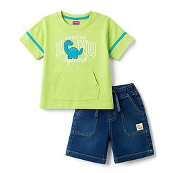 Babyhug Single Jersey Knit- Denim Half Sleeves T-Shirt & Shorts With Dino Print - Limegreen