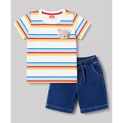 Babyhug Single Jersey Knit Half Sleeves Striped T-Shirt & Denim Shorts With Bear Detailing - Multicolor