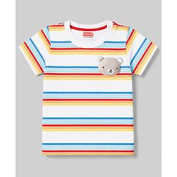 Babyhug Single Jersey Knit Half Sleeves Striped T-Shirt & Denim Shorts With Bear Detailing - Multicolor