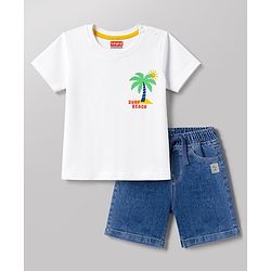 Babyhug Single Jersey Knit Half Sleeves Front & Back Beach Theme Printed T-Shirt & Denim Shorts Set - White & Blue