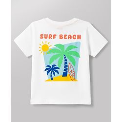 Babyhug Single Jersey Knit Half Sleeves Front & Back Beach Theme Printed T-Shirt & Denim Shorts Set - White & Blue