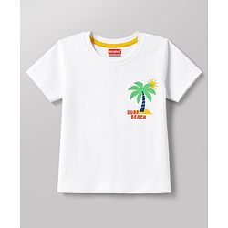 Babyhug Single Jersey Knit Half Sleeves Front & Back Beach Theme Printed T-Shirt & Denim Shorts Set - White & Blue